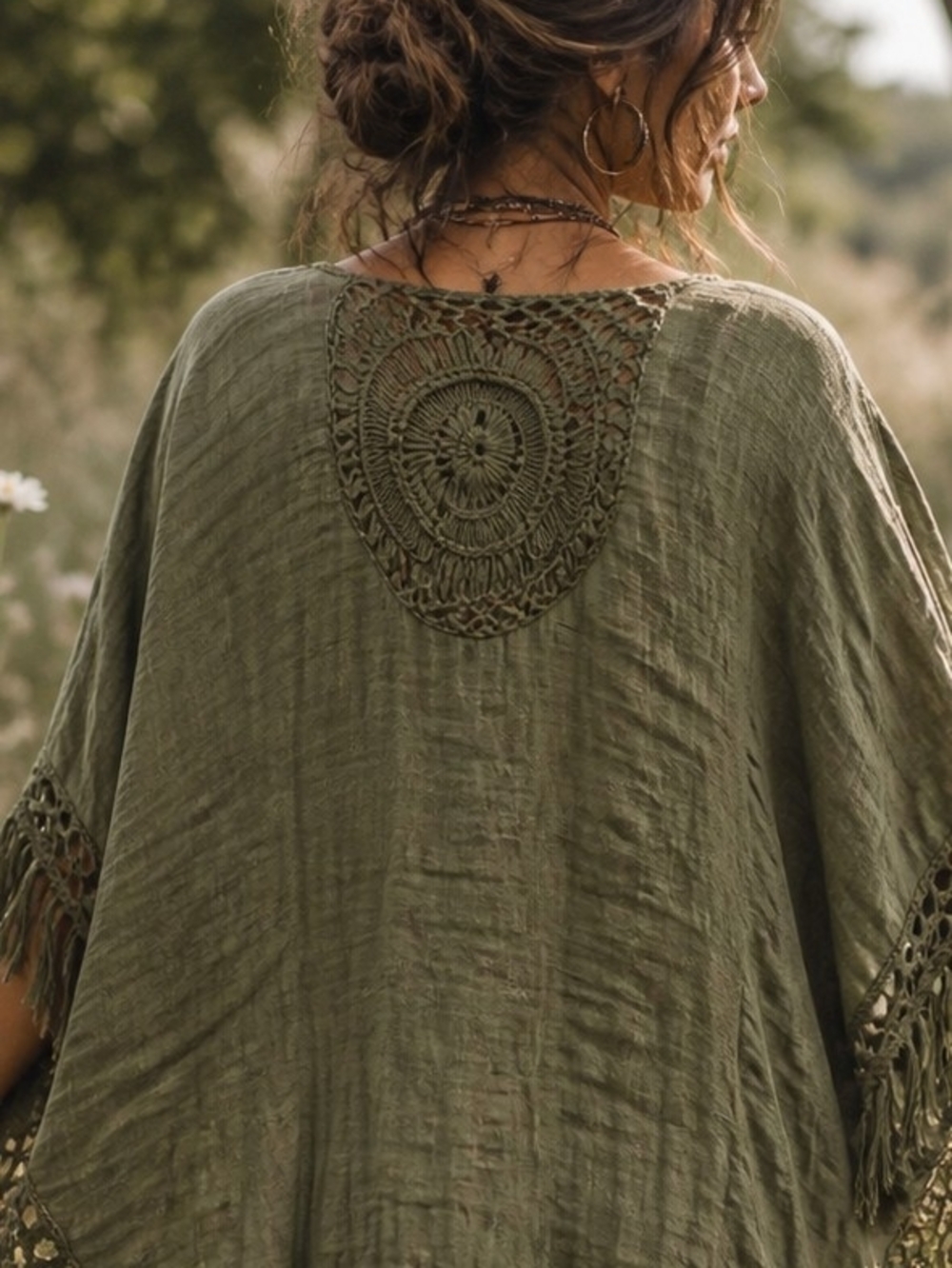 Everleigh Olive Green Crochet Fringe Kimono Shawl Wrap 2X 3X Boho Festival Cotta